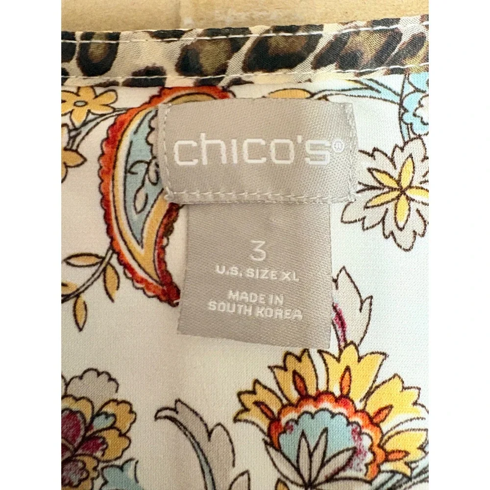Chico's Tunic Top Womens 3 XL Leopard Paisley Floral 3/4 Sleeve Stretch Boho